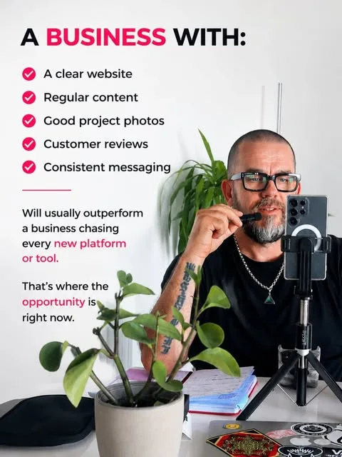 DCE Media post listing what a business needs: a clear website, regular content, good project photos, customer reviews and consistent messaging.